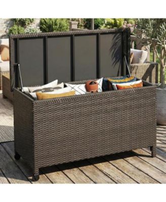 Gallon Outdoor Storage Box with Wheels - Large Wicker Rattan Deck Box for Patio Cushions, Garden Tools