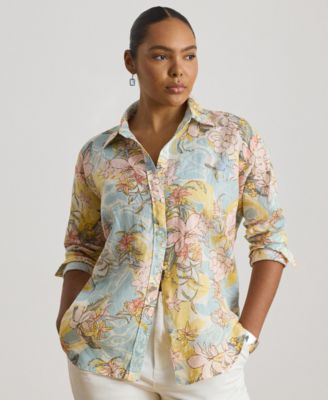Plus Size Relaxed-Fit Floral Linen Shirt