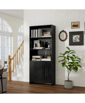 71" Tall 6-Tier Bookshelf with Door and 3 Drawers, Modern Wooden Bookcase