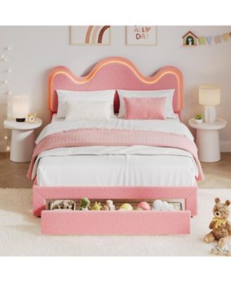 Bed Frame with Adjustable Upholstered Headboard Girls Boucle Platform Bed Frame with Storage Drawers Princess Bed Frame for Kids