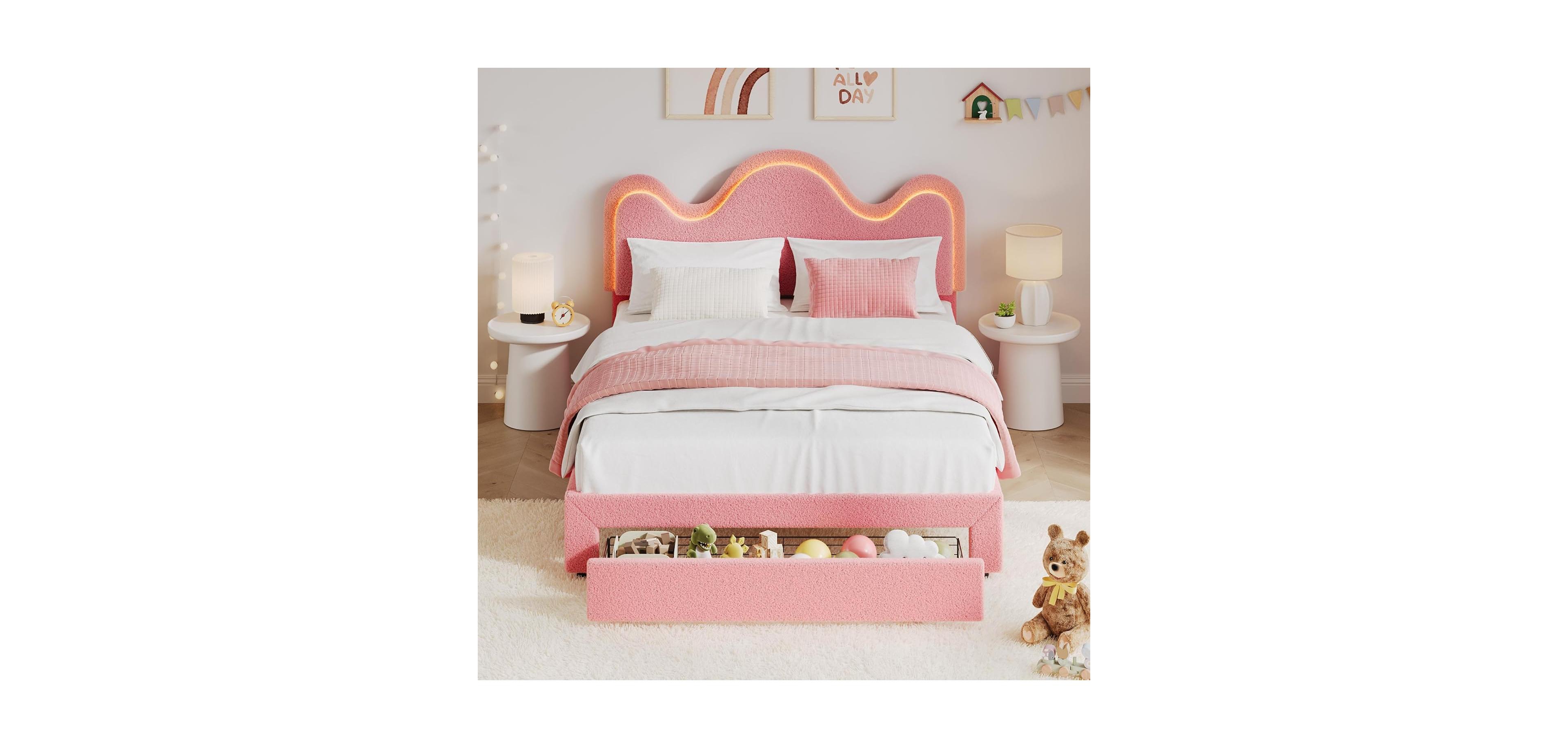 gaomon Bed Frame with Adjustable Upholstered Headboard Girls Boucle Platform Storage Drawers Princess for Kids