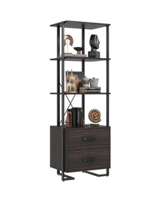 Modern 3-Tier Industrial Bookcase with 2 Storage Drawers, Wood and Metal Standing Shelf