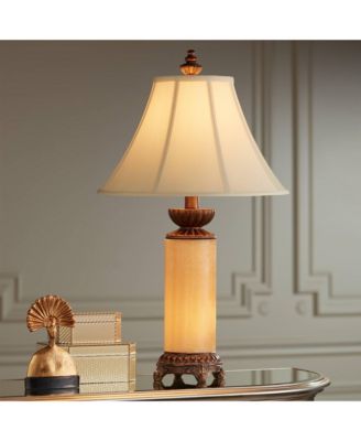 28.5" Tall Asian Inspired Table Lamps with Onyx Stone and Bell Shades, Set of 2