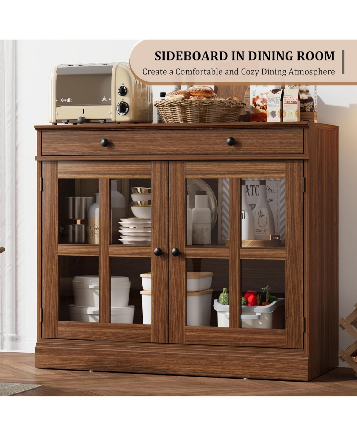 gaomon Modern Sideboard Buffet Cabinet with 2 Glass Doors and Storage Drawer - Adjustable Shelf, Versatile Entryway Storage