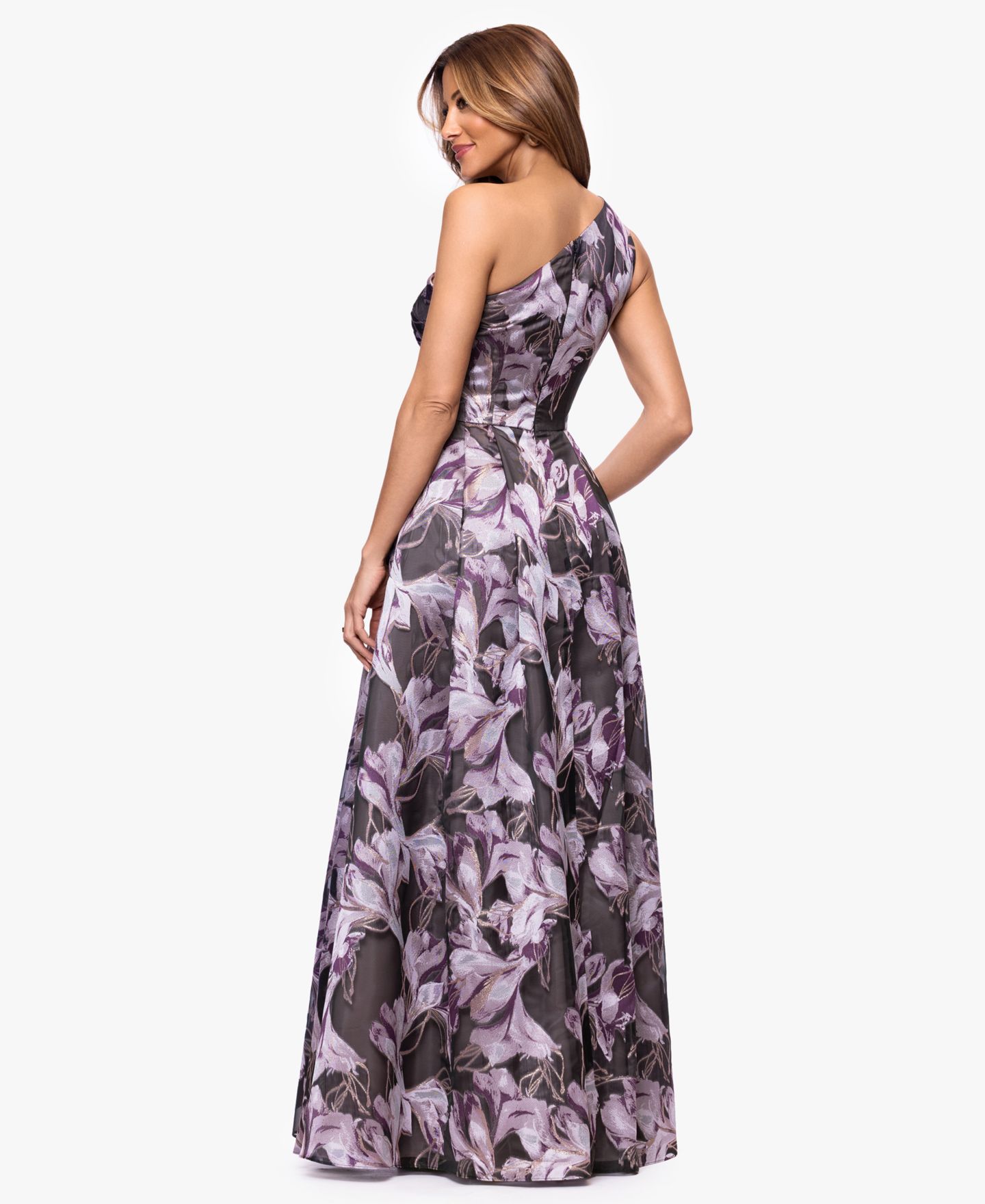 Женское платье XSCAPE One-Shoulder Printed Ball Gown, цвет: Чёрный сиреневый — фото 4