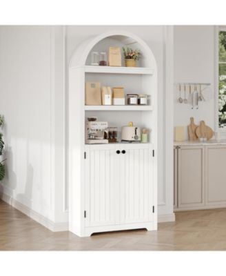 72" Tall Arched 5-Tier Bookshelf Cabinet with Double Doors and Adjustable Shelf, Wooden Bookcase