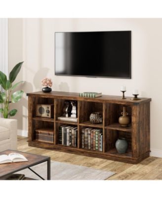 8-Cube Rustic Farmhouse Horizontal Wooden Bookshelf, 2-Tier Long Freestanding Organizer