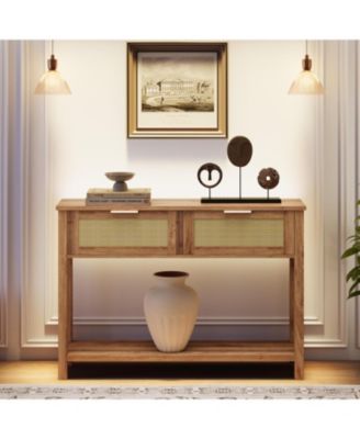 2Pcs Entryway Table with Drawers, Rattan Console Table with Storage, Boho Sofa Table for Living Room, 2 Tier Hallway Table Home