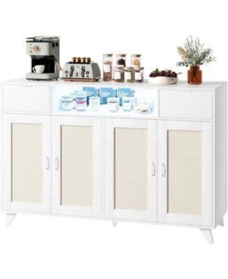 Rattan Buffet Cabinet with Storage, Boho Wood Sideboard with 4 Doorsand2 Drawers, Adjustable Shelves, Coffee Bar