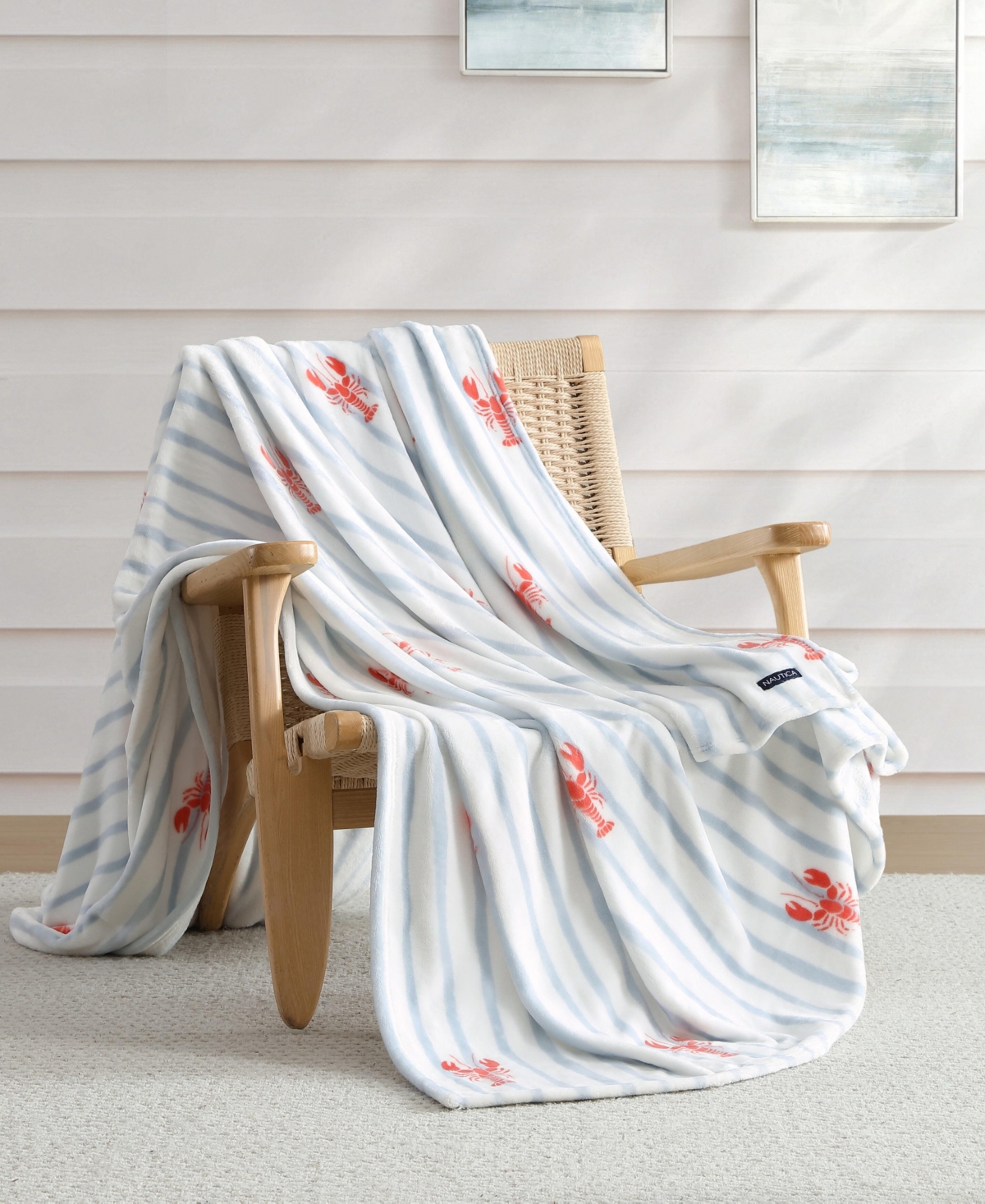 Nautica Lobster Watercolor Stripes Plush Blanket