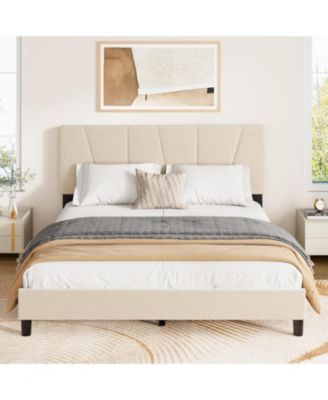 Queen Upholstered Bed Frame with Adjustable Linen Headboard, Wood Slats Support