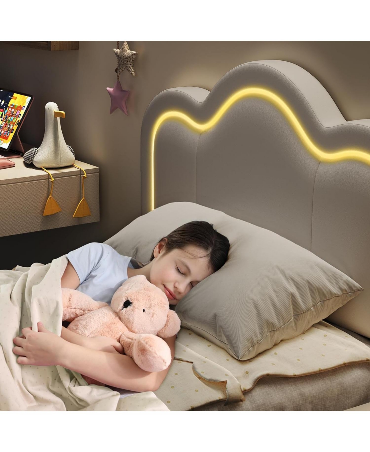 gaomon Twin Smart Led Bed Frame with Adjustable Headboard, Velvet Upholstered Platform for Kids