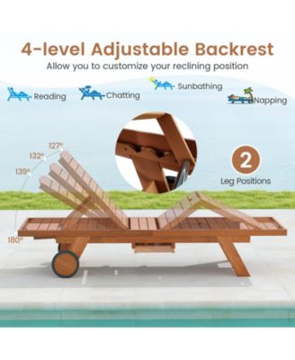 4-Position Outdoor Wood Chaise Lounge with Wheels and Side Table