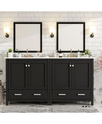 60 Inch Double Bathroom Vanity Set, Freestanding Solid Wood Cabinet with Ceramic Sinks and Soft Close Doors, Modern Storage.