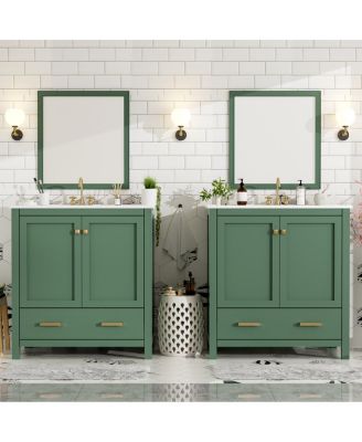 60 Inch Double Bathroom Vanity Set, Freestanding Solid Wood Cabinet with Ceramic Sinks and Soft Close Doors, Modern Storage.