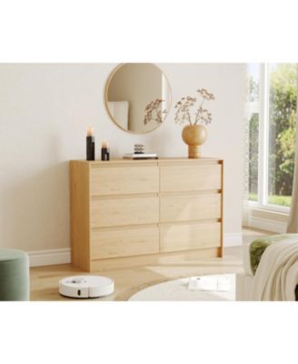 Farmhouse 6 Drawer Dresser, 47 Inch Wide Chest of Drawers, Handle-Less Design Oak Wooden Organizer Cabinet for Bedroom