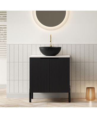 24 Inch Modern Bathroom Vanity with Ceramic Bowl Vessel Sink, Sintered Stone Top and Soft Close Storage Cabinet.