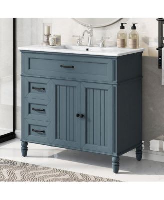 36" Vintage Bathroom Vanity with Ceramic Sink, Acacia Wood Freestanding Cabinet, Soft Close Drawers for Small Bathrooms.