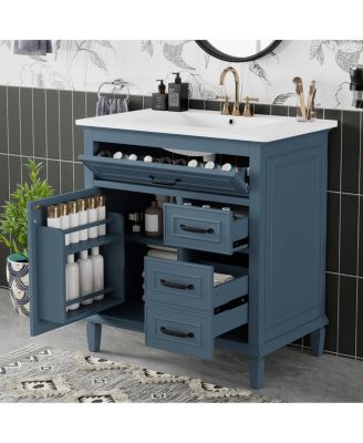 30 Inch Bathroom Vanity with Ceramic Sink, Solid Wood Freestanding Cabinet with Flip Drawer and Soft-Close Door