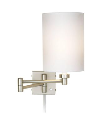 Modern Swing Arm Wall Lamp Cord Cover Brushed Nickel Plug-In Light Fixture Cotton Cylinder Shade Bedroom