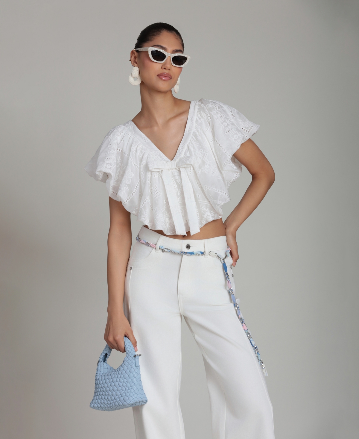 Avec Les Filles Women's V-Neck Tie-Detail Bubble Top