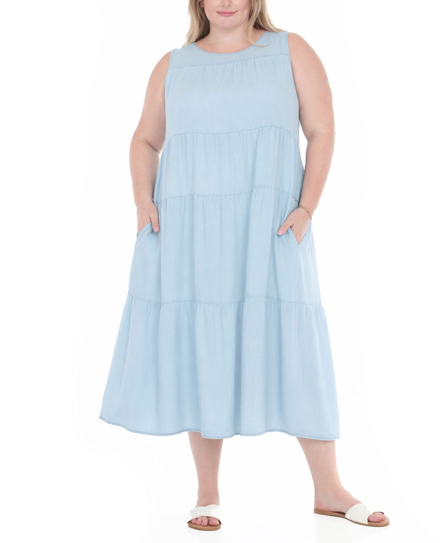 Женское платье White Mark Plus Size Sleeveless Tiered Swing Midi, цвет: Светлый синий — фото 6