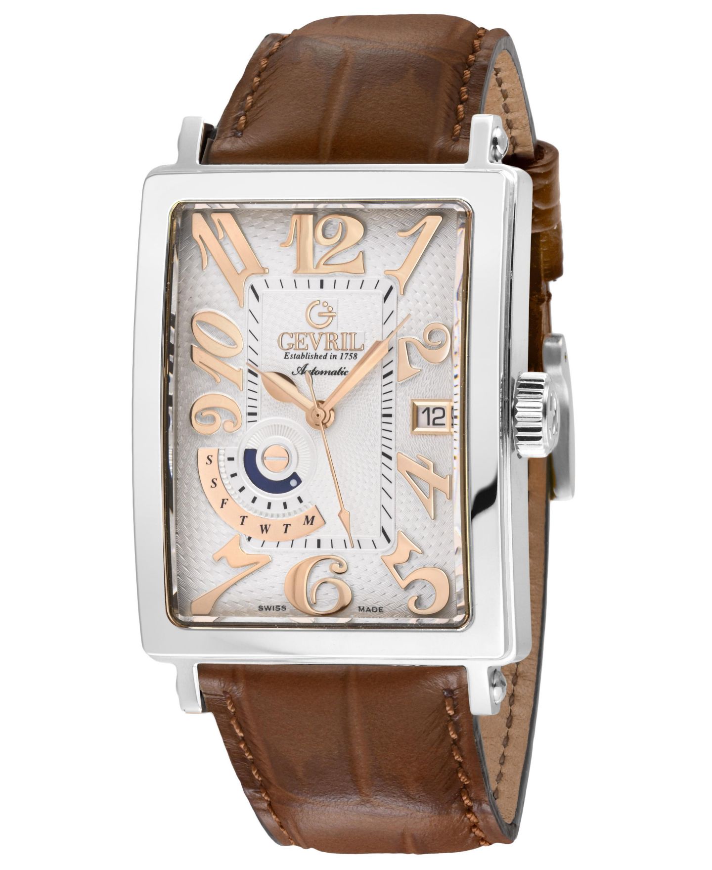 Мужские часы Gevril Avenue of Americas Swiss Automatic Italian Leather Strap Watch, цвет: Серебряный — фото 1