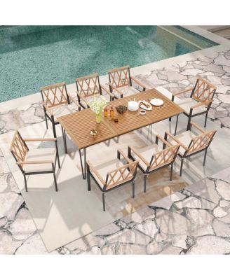 9 PCS Patio Dining Set Rectangular Dining Table w/ Acacia Wood Top Umbrella Hole