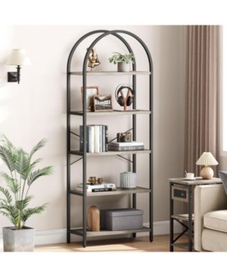 5-Tier Arched Bookshelf, Marble Effect Tall Bookcase with Metal Frame