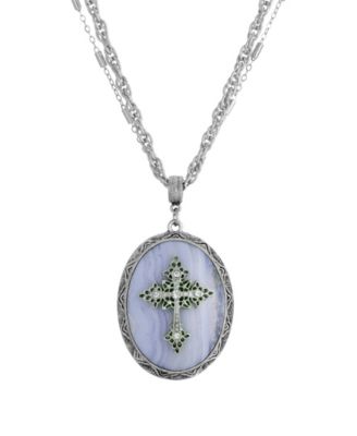 Pewter Cross Oval Rose Quartz Necklace