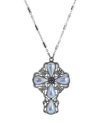 Silver Pewter-Tone Blue AB Teardrop Crystal Pendant Cross 24" Necklace