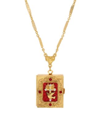 Gold Tone Red Enamel Cross Locket Necklace