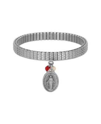 Silver Tone Oval Miraculous Medal Charm Pearl Red Bead Stretch Bracelet