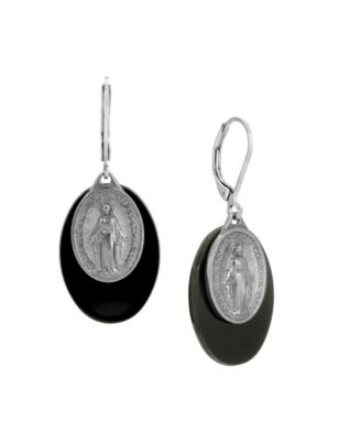 Silver Tone Oval Black Acrylic Stone Miraculous Medal Leverback Earrings