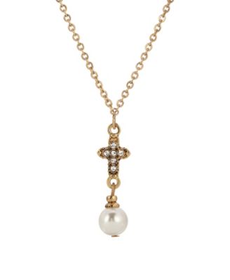 Gold-Tone Crystal Cross with Imitation Pearl Drop 16" Necklace