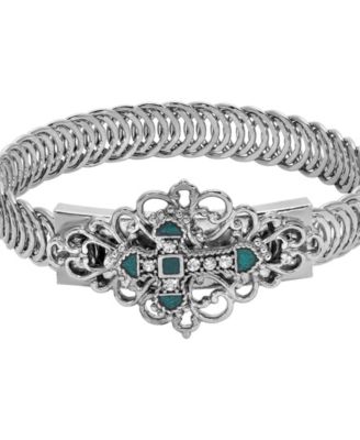 Silver Tone Green Enamel Cross Bracelet