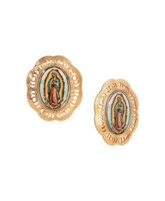 Gold Tone Oval Our Lady of Guadalupe Decal Clip Earrings