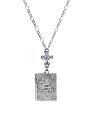 Silver Tone Cross Blue Sapphire Stone Bible Locket Holy Family 28" Necklace