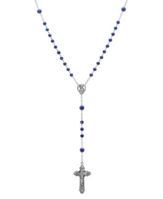 Silver-tone Dark Red Beaded Crucifix Rosary Necklace