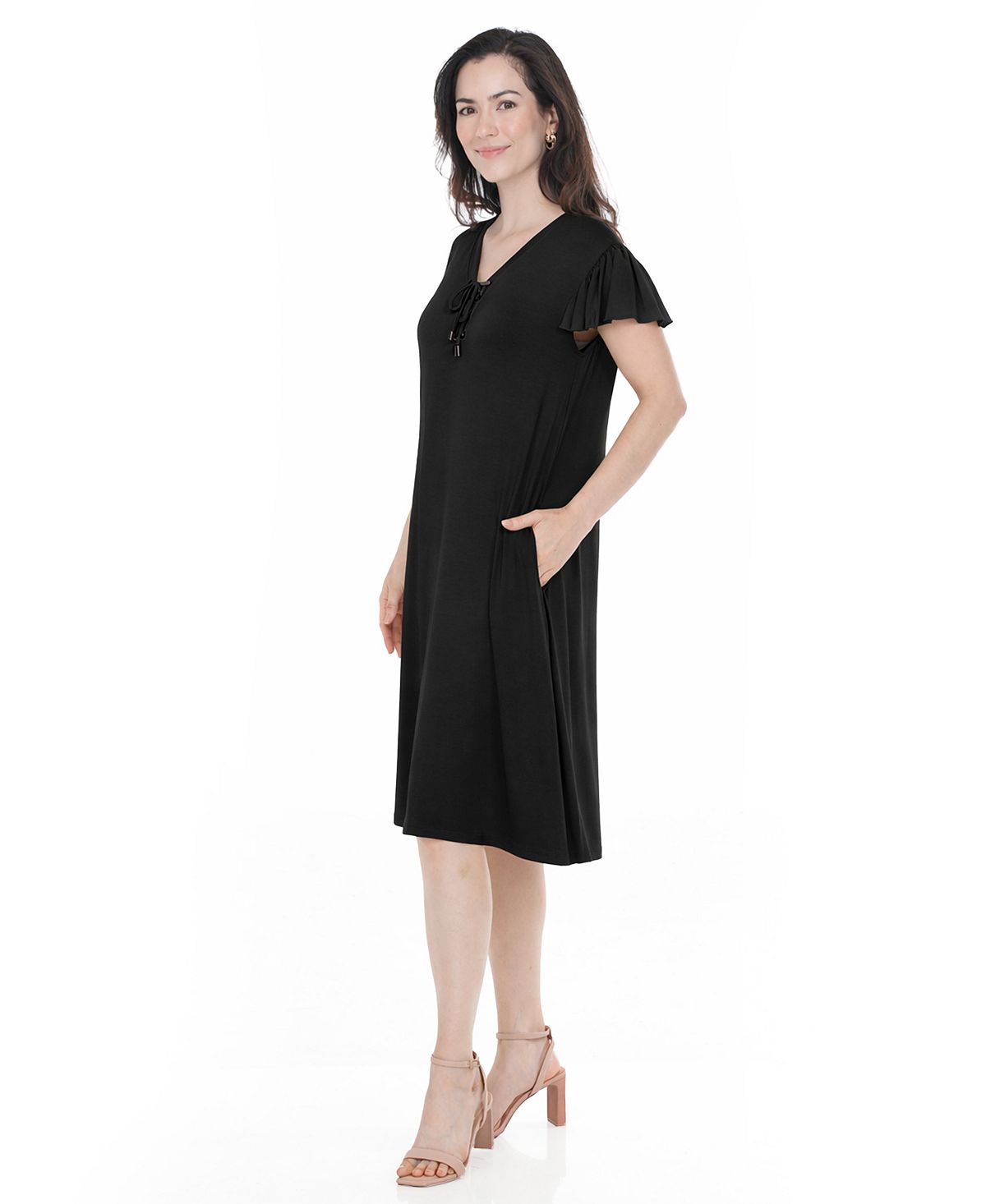 White Mark Women's V-Neck Tie-Front Flutter-Sleeve Shift Dress view 3 — MAYCSS fashion products
