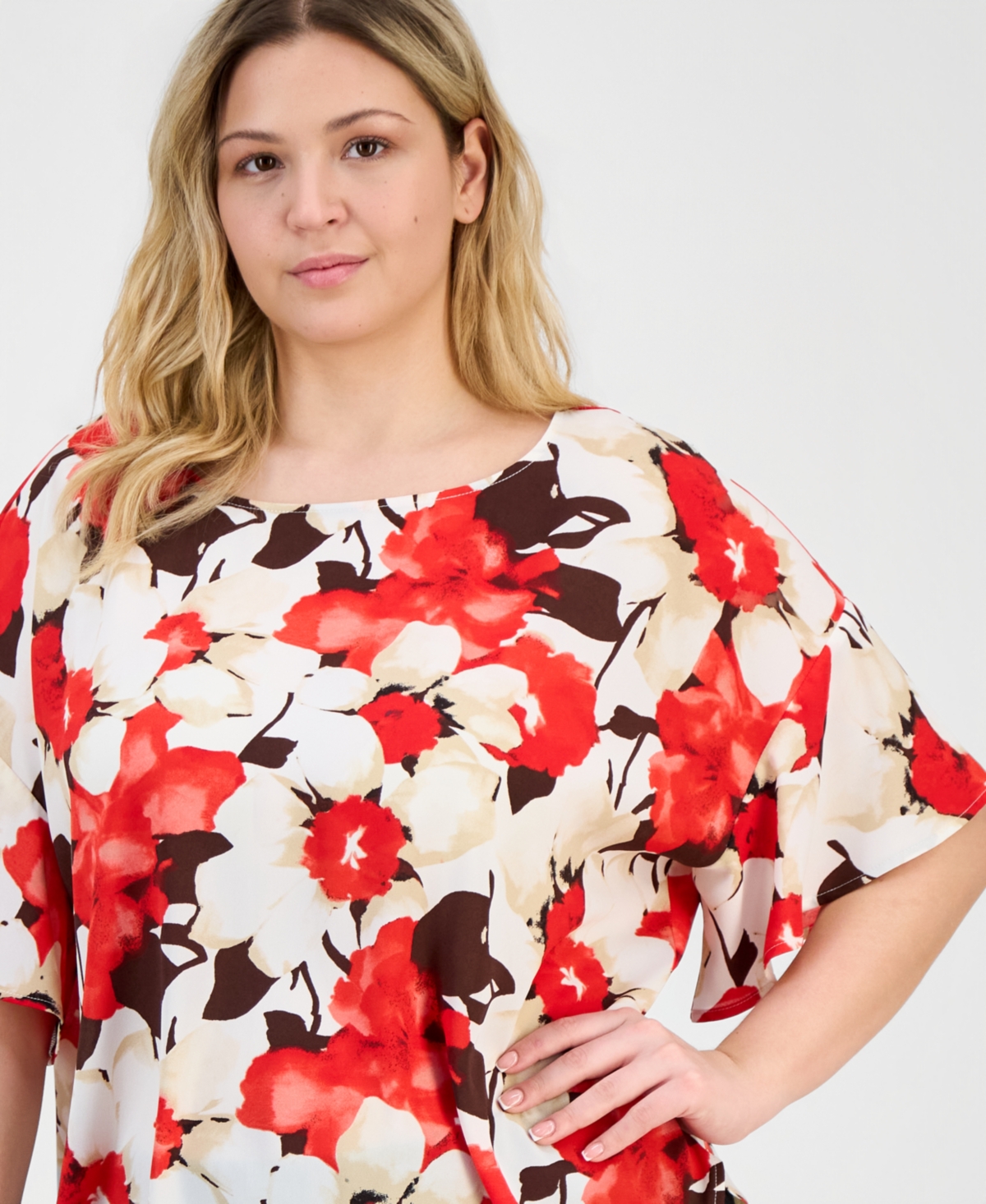 Anne Klein Plus Floral-Print Half-Sleeve Top