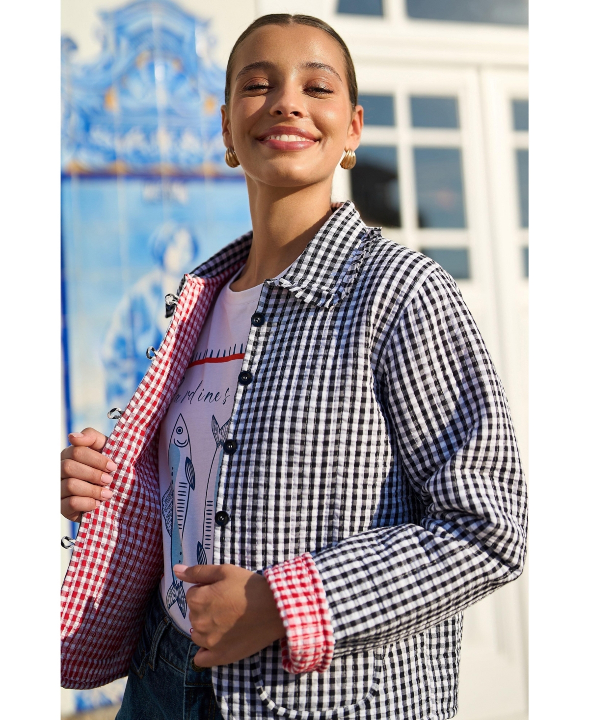 Yumi Women's Gingham Frill Collar Jacket