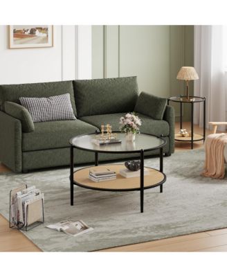 30" 2-Tier Rattan Coffee Table with Water-Wave Glass