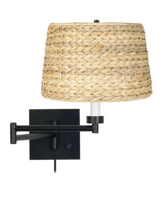 Modern Swing Arm Wall Lamp Plug-In Light Fixture Woven Seagrass Drum Shade for Bedroom Living Room