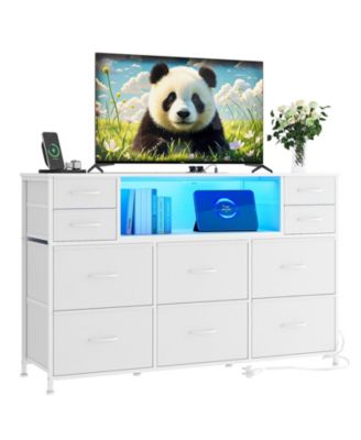 10 Fabric Drawers Dresser with LED Lights, Entertainment Center with Charging Station, Wood Top, Open Shelves