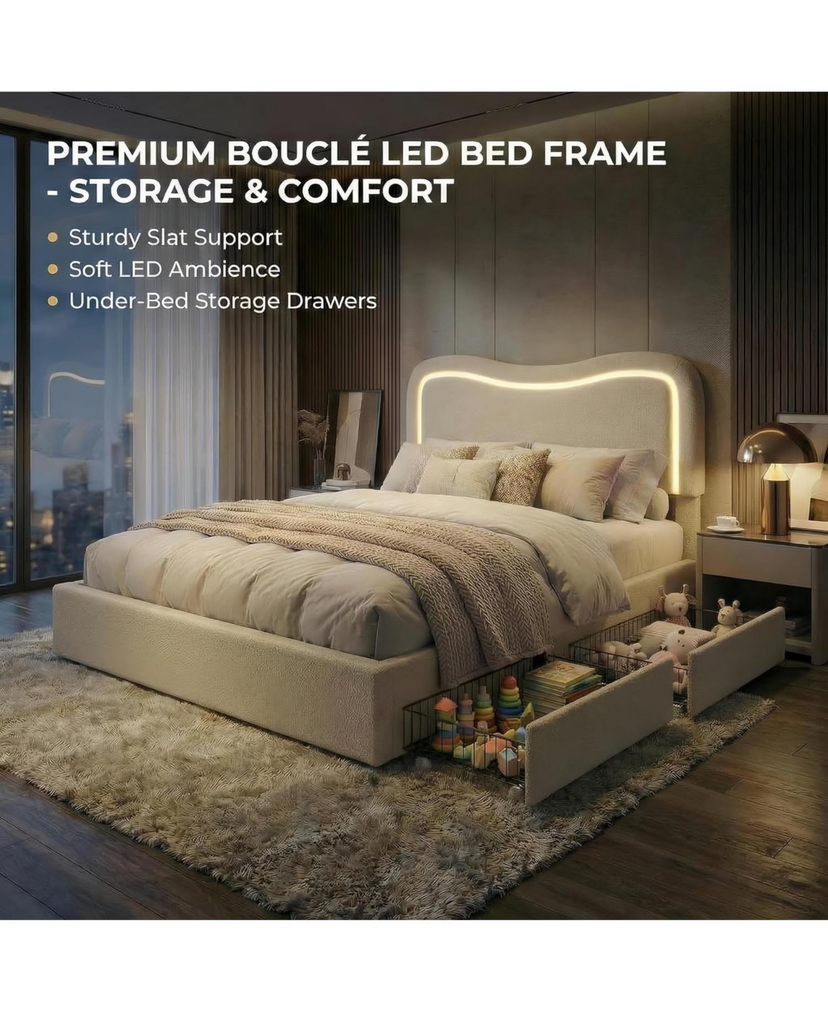 gaomon Full Boucle Bed Frame with 2 Storage Drawers and Led Headboard, Upholstered Platform for Kids