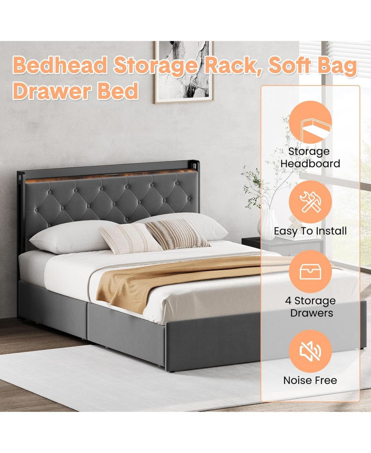 gaomon Queen Storage Bed Frame with Velvet Headboard, 4 Drawers and Usb Charging Station