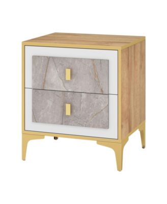 Marble-Motif Nightstand with 2 Pull-Out Drawers and Metal Legs