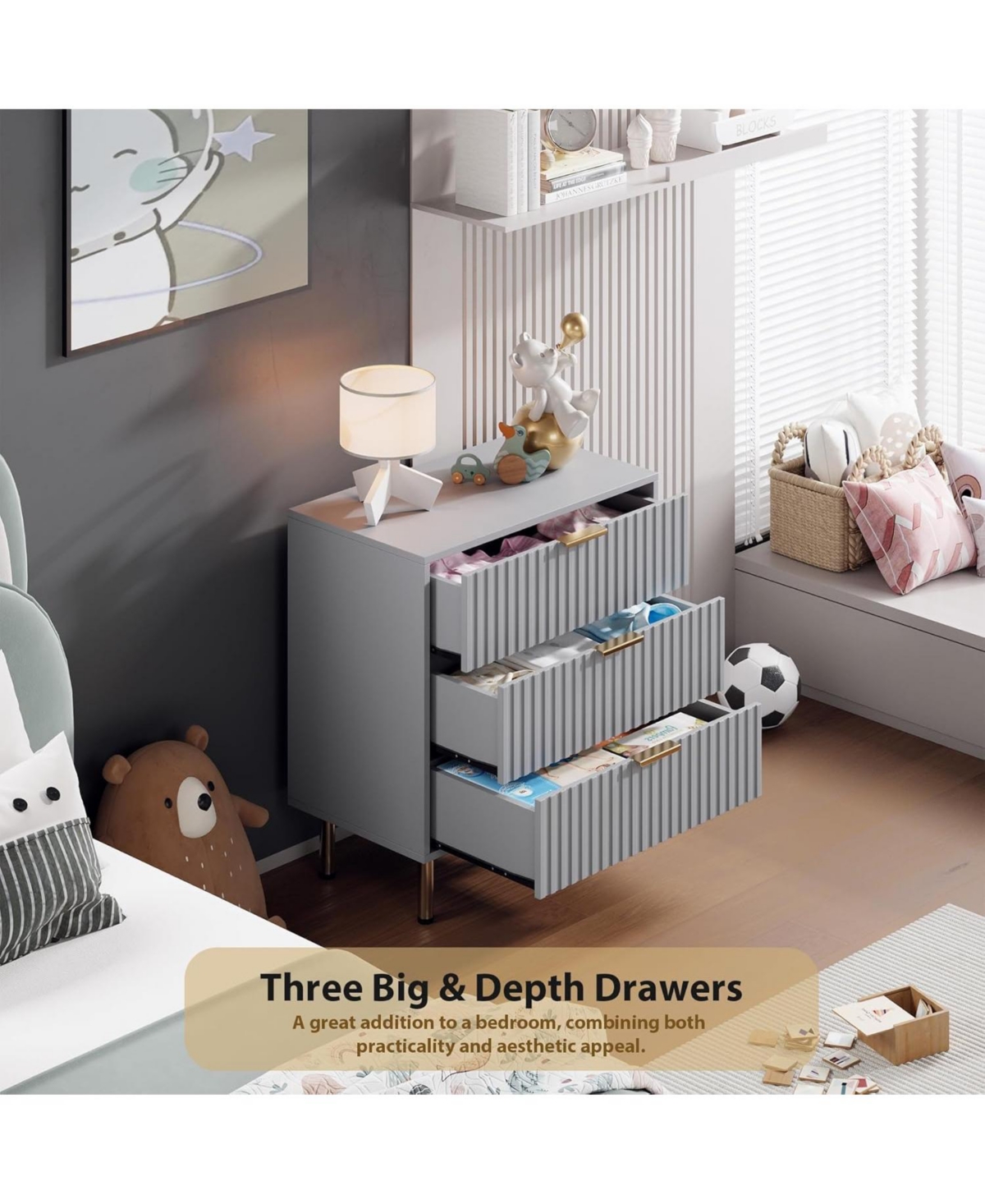 gaomon 3-Drawer Fluted Dresser, Modern Nightstand with Metal Handles & Deep Drawers