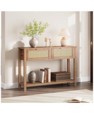 43 Inch Rattan Console Table, Entryway Table with 2 Drawers Storage Shelf Woven Design
